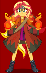 Size: 1360x2160 | Tagged: safe, artist:jcpreactyt, sunset shimmer, equestria girls, g4, boots, cape, clothes, fiery shimmer, fire, fireball, gloves, headband, lego, lego ninjago, naruto, naruto: shippūden, ninja, outfit, protector, scroll, serious, shoes, solo, sunset shimmer day
