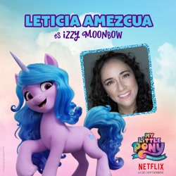 Size: 1080x1080 | Tagged: safe, izzy moonbow, human, pony, unicorn, g5, my little pony: a new generation, official, cloud, female, irl, irl human, mare, my little pony: a new generation logo, netflix, netflix logo, photo, spanish, text, voice actor