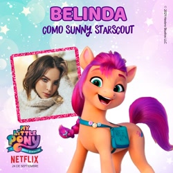 Size: 1080x1080 | Tagged: safe, sunny starscout, earth pony, human, pony, g5, my little pony: a new generation, official, abstract background, belinda, female, irl, irl human, latin american, mare, my little pony: a new generation logo, netflix, netflix logo, photo, spanish, text, voice actor