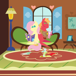 Size: 2160x2160 | Tagged: safe, anonymous artist, big macintosh, fluttershy, oc, oc:late riser, earth pony, pegasus, pony, series:fm family vacation, series:fm holidays, g4, baby, baby pony, brochure, colt, female, fluttershy's cottage, hat, high res, male, mare, offspring, paper hat, parent:big macintosh, parent:fluttershy, parents:fluttermac, pointy ponies, reading, ship:fluttermac, shipping, sitting, stallion, straight