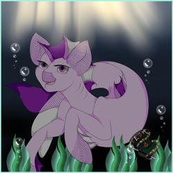 Size: 2449x2449 | Tagged: safe, artist:theelementofmagic, oc, oc only, merpony, seapony (g4), bubble, collaboration, crepuscular rays, deviantart watermark, dorsal fin, fins, fish tail, flowing tail, high res, obtrusive watermark, ocean, open mouth, purple eyes, seaweed, signature, smiling, solo, sunlight, swimming, tail, underwater, water, watermark