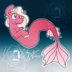 Size: 1024x1024 | Tagged: safe, artist:rosexknight, edit, oc, oc only, merpony, sea pony, seapony (g4), blue background, blue eyes, commission, dorsal fin, fins, fish tail, flowing mane, flowing tail, logo, logo edit, signature, simple background, smiling, solo, swimming, tail, underwater, water