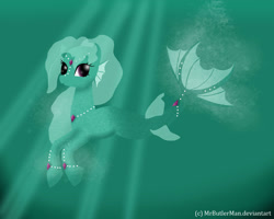 Size: 2000x1600 | Tagged: safe, artist:littlesongbirb, oc, oc only, merpony, seapony (g4), bubble, crepuscular rays, dorsal fin, female, fish tail, flowing mane, flowing tail, jewelry, looking at you, necklace, ocean, pearl necklace, purple eyes, simple background, smiling, solo, sunlight, swimming, tail, underwater, water