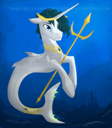 Size: 2296x2612 | Tagged: safe, artist:wolfsknight, edit, oc, oc only, merpony, pony, seapony (g4), unicorn, blue eyes, crepuscular rays, dorsal fin, fish tail, flowing tail, high res, horn, jewelry, logo, logo edit, ocean, regalia, seaponified, solo, species swap, swimming, tail, underwater, water, watermark