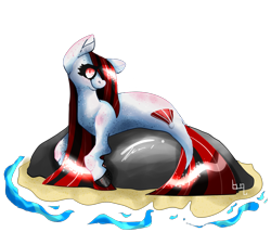 Size: 1400x1200 | Tagged: safe, artist:fusionflyer, oc, oc only, hybrid, merpony, seapony (g4), eyelashes, female, fish tail, looking at you, lying down, red eyes, red mane, rock, signature, simple background, smiling, solo, tail, transparent background, water
