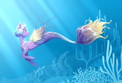 Size: 1280x876 | Tagged: safe, artist:lilitepsilon, oc, oc only, merpony, seapony (g4), blue background, blue mane, bubble, commission, coral, crepuscular rays, digital art, female, fish tail, flowing tail, looking back, mermaid tail, ocean, purple eyes, scales, seaweed, simple background, smiling, solo, sunlight, swimming, tail, underwater, water, ych result