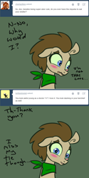 Size: 650x1302 | Tagged: safe, artist:toadstool-prancer, doctor whooves, time turner, oc, oc:tantamount, changeling, earth pony, pony, tantamount time turner, g4, blue eyes, blushing, changeling oc, cute, disguise, disguised changeling, earth pony oc, eyes open, green sclera, male, male oc, nervous, pony oc, solo, stallion