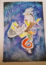 Size: 729x1024 | Tagged: safe, artist:flutterfrisk, derpy hooves, discord, draconequus, pegasus, pony, g4, eating, food, galaxy, muffin, painting, space, traditional art, watercolor painting
