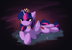 Size: 3206x2236 | Tagged: safe, artist:empress-twilight, twilight sparkle, alicorn, pony, g4, chest fluff, choker, crown, female, folded wings, frog (hoof), high res, i can't believe it's not magnaluna, jewelry, lying down, mare, prone, regalia, solo, twilight sparkle (alicorn), underhoof, wings