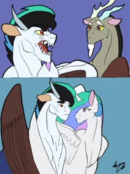 Size: 1024x1366 | Tagged: safe, artist:cardinalauro, discord, princess celestia, oc, alicorn, draconequus, hybrid, pony, g4, crying, draconequus oc, father and child, father and son, female, hug, interspecies offspring, male, mother and child, mother and son, offspring, parent:discord, parent:princess celestia, parents:dislestia, sharp teeth, ship:dislestia, shipping, straight, teeth, winghug, wings