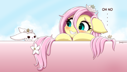 Size: 7000x4000 | Tagged: safe, artist:symbianl, angel bunny, fluttershy, pegasus, pony, rabbit, g4, absurd resolution, angel bunny is not amused, angelbetes, animal, bath, blushing, bust, cheek fluff, cross-popping veins, cute, duo, ear fluff, female, floppy ears, flower, flower in hair, fluffy, grin, hoof fluff, looking at each other, looking at someone, mare, sheepish grin, shyabetes, smiling, stray strand