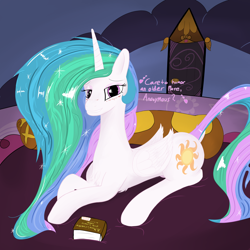 Size: 6000x6000 | Tagged: safe, artist:enonnnymous, princess celestia, alicorn, pony, /sun/, absurd resolution, bedroom, bedroom eyes, book, chest fluff, crotchboobs, cute, cutelestia, female, heart eyes, imminent snuggles, implied anon, lying down, mare, messy mane, missing accessory, nudity, prone, smiling, solo, teats, wingding eyes
