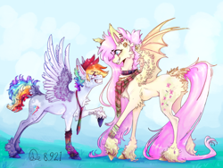 Size: 640x480 | Tagged: safe, artist:fatherdetrash, fluttershy, rainbow dash, bat pony, pegasus, pony, g4, bat ponified, clothes, female, flutterbat, grin, height difference, lesbian, looking at each other, necktie, race swap, scarf, ship:flutterdash, shipping, smiling