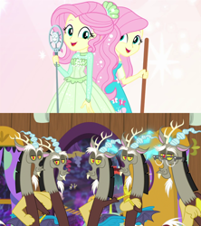 Size: 1280x1440 | Tagged: safe, edit, edited screencap, screencap, discord, fluttershy, parcel post, post haste, draconequus, discordant harmony, equestria girls, equestria girls series, g4, so much more to me, broom, clone, discord crew, discord gets all the fluttershies, discord's house, doorway, female, flying napkin, glasses, happy, male, microphone, multeity, ship:discoshy, shipping, shipping domino, singing, smiling, straight, the discord zone