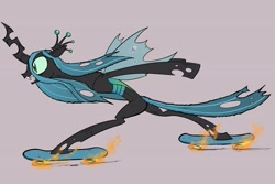 Size: 3000x2000 | Tagged: safe, artist:swagstapiece, queen chrysalis, changeling, changeling queen, g4, bipedal, female, fire, high res, simple background, skateboard, solo
