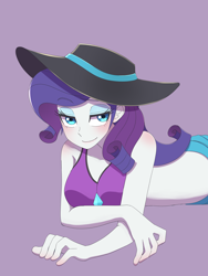 Size: 1620x2160 | Tagged: safe, artist:haibaratomoe, rarity, equestria girls, equestria girls specials, g4, my little pony equestria girls: better together, my little pony equestria girls: forgotten friendship, blushing, breasts, busty rarity, clothes, eye clipping through hair, eyebrows, eyebrows visible through hair, female, hat, looking at you, purple background, rarity's blue sarong, rarity's purple bikini, sarong, simple background, smiling, smiling at you, solo, sun hat, swimsuit
