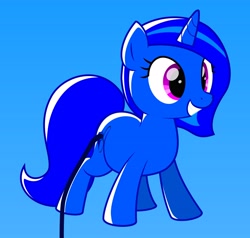 Size: 4096x3894 | Tagged: safe, artist:blue-vector, oc, oc only, oc:blue vector, balloon pony, inflatable pony, pony, unicorn, gradient background, grin, high res, hose, simple background, smiling, solo