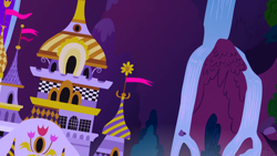Size: 1280x720 | Tagged: safe, screencap, g4, season 1, the best night ever, architecture, background, canterlot, canterlot castle, flag, night, no pony, scenic ponyville, tree, waterfall