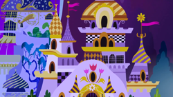 Size: 1280x720 | Tagged: safe, screencap, g4, the best night ever, background, canterlot, canterlot castle, flag, night, no pony, scenic ponyville, tree