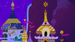 Size: 1280x720 | Tagged: safe, screencap, g4, the best night ever, background, canterlot, canterlot castle, flag, mountain, night, no pony, scenic ponyville, waterfall