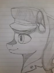 Size: 3000x4000 | Tagged: safe, artist:mrscroup, artist:mustaphatr, golden delicious, pony, equestria at war mod, g4, apple, apple family member, clothes, hammer and sickle, hat, lined paper, solo, traditional art