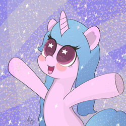 Size: 2160x2160 | Tagged: safe, artist:limitmj, izzy moonbow, pony, unicorn, g5, abstract background, cute, female, glitter, high res, izzybetes, open mouth, solo, sparkles, starry eyes, wingding eyes