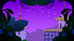 Size: 1280x720 | Tagged: safe, screencap, g4, the best night ever, background, bush, canterlot, canterlot castle, flower, mountain, night, scenic ponyville, stars
