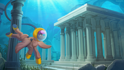 Size: 1762x1000 | Tagged: safe, artist:margony, oc, oc only, oc:crash dive, fish, pegasus, pony, shark, ancient greece, boots, city, clothes, commission, diving, diving helmet, diving suit, female, hose, light, mare, pillar, rock, ruins, scenery, scenery porn, scuba gear, seabed, seaweed, shoes, smiling, solo, swimming, underwater, water, wings
