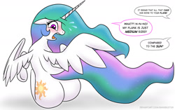 Size: 1898x1190 | Tagged: safe, artist:banebuster, princess celestia, alicorn, pony, g4, adorable distress, blushing, butt, commission, cute, cutelestia, denial, dialogue, embarrassed, ethereal mane, ethereal tail, fact, floppy ears, implied weight gain, large butt, looking back, missing accessory, offscreen character, open mouth, plot, praise the sun, simple background, speech bubble, sunbutt, sweat, sweatdrops, the ass was fat, truth, white background