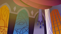 Size: 1280x720 | Tagged: safe, screencap, g4, season 1, the best night ever, background, banner, canterlot, canterlot castle interior, column, liminal space, no pony, scenic ponyville, stained glass, window