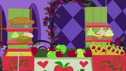 Size: 1280x720 | Tagged: safe, screencap, g4, the best night ever, apple, background, canterlot, cart, flower, food, muffin, night, no pony, pie, rose, scenic ponyville