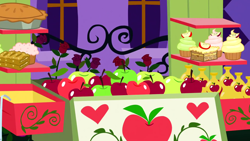 Size: 1280x720 | Tagged: safe, screencap, g4, the best night ever, apple, background, canterlot, cart, food, muffin, night, no pony, pie, scenic ponyville, window