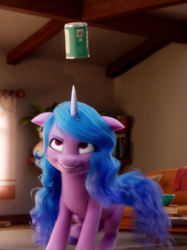 Size: 643x858 | Tagged: safe, screencap, izzy moonbow, pony, unicorn, g5, my little pony: a new generation, spoiler:my little pony: a new generation, 3d, can, cropped, female, grin, izzy's beans, looking up, mare, smiling, solo
