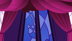 Size: 1280x720 | Tagged: safe, screencap, g4, the best night ever, background, canterlot castle interior, curtains, liminal space, no pony, scenic ponyville, stained glass, window