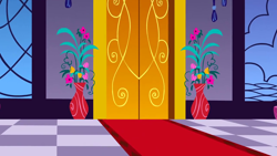 Size: 1280x720 | Tagged: safe, screencap, g4, season 1, the best night ever, background, canterlot, canterlot castle interior, carpet, checkered floor, door, flower, flower pot, no pony, scenic ponyville, stained glass
