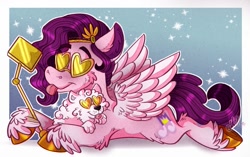 Size: 1320x831 | Tagged: safe, artist:millefaller, cloudpuff, pipp petals, dog, pegasus, pony, g5, abstract background, adorapipp, cellphone, cheek fluff, cute, female, glasses, hoof fluff, mare, phone, selfie, smartphone, sparkles, tongue out, unshorn fetlocks, wings