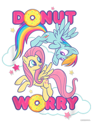 Size: 750x1000 | Tagged: safe, fluttershy, rainbow dash, pegasus, pony, g4, official, cloud, cropped, design, donut, duo, female, flying, food, mare, merchandise, pun, shirt design, simple background, stars, text, transparent background