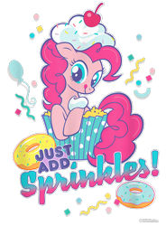 Size: 700x950 | Tagged: safe, pinkie pie, earth pony, pony, g4, official, balloon, cherry, confetti, cream, cropped, cupcake, design, donut, female, food, mare, merchandise, shirt design, simple background, solo, sprinkles, text, transparent background
