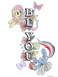 Size: 750x1000 | Tagged: safe, fluttershy, rainbow dash, butterfly, pegasus, pony, g4, official, cropped, design, duo, female, flower, flutterfly, mare, merchandise, shirt design, simple background, text, transparent background
