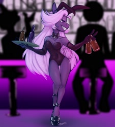 Size: 1808x2000 | Tagged: safe, artist:pixxpal, oc, oc only, oc:lilac night, bat pony, anthro, alcohol, bar, bat pony oc, bottle, breasts, bunny suit, clothes, female, high heels, leotard, mare, shoes, waitress