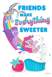 Size: 650x950 | Tagged: safe, pinkie pie, rainbow dash, twilight sparkle, alicorn, earth pony, pegasus, pony, g4, official, cropped, cupcake, design, female, food, mare, merchandise, rainbow, shirt design, simple background, slide, sliding, sprinkles, strawberry, text, transparent background, trio, twilight sparkle (alicorn)