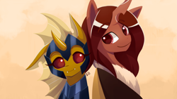 Size: 5120x2880 | Tagged: safe, artist:howxu, oc, oc only, oc:dawn strike, oc:red flux, changeling, moth, mothling, original species, armor, duo, horn, looking at each other, looking back, male, neck fluff, red changeling, simple background, smiling, yellow changeling
