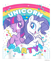 Size: 800x950 | Tagged: safe, rarity, twilight sparkle, alicorn, pony, unicorn, g4, official, confetti, cropped, design, duo, female, mare, merchandise, rainbow, shirt design, simple background, text, transparent background, twilight sparkle (alicorn)