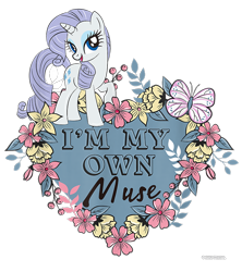 Size: 800x900 | Tagged: safe, rarity, butterfly, pony, unicorn, g4, official, cropped, design, female, flower, leaves, mare, merchandise, shirt design, simple background, solo, text, transparent background