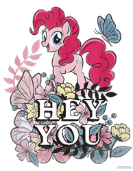 Size: 700x900 | Tagged: safe, pinkie pie, butterfly, earth pony, pony, g4, official, cropped, design, female, flower, leaves, mare, merchandise, shirt design, simple background, solo, text, transparent background