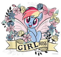 Size: 800x750 | Tagged: safe, rainbow dash, butterfly, fairy, fairy pony, original species, pegasus, pony, g4, official, cropped, design, fairy wings, female, flower, leaves, mare, merchandise, ribbon, shirt design, simple background, solo, text, transparent background, wings