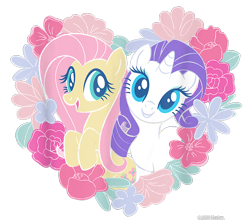 Size: 850x750 | Tagged: safe, fluttershy, rarity, pegasus, pony, unicorn, g4, official, cropped, design, duo, female, flower, heart, leaves, mare, merchandise, shirt design, simple background, text, transparent background