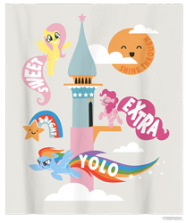 Size: 750x900 | Tagged: safe, fluttershy, pinkie pie, rainbow dash, earth pony, pegasus, pony, g4, official, canterlot castle, cloud, cropped, design, female, flying, gray background, mare, merchandise, rainbow, shirt design, simple background, stars, sun, text, transparent background, trio, yolo