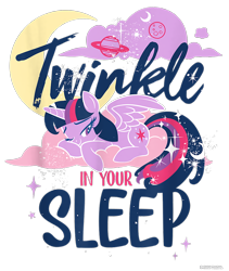 Size: 800x950 | Tagged: safe, twilight sparkle, alicorn, pony, g4, official, cloud, crescent moon, cropped, design, female, mare, merchandise, moon, night, on a cloud, one eye closed, planet, planetary ring, shirt design, simple background, solo, sparkles, text, transparent background, twilight sparkle (alicorn)