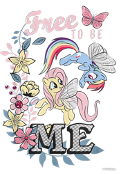 Size: 700x1000 | Tagged: safe, fluttershy, rainbow dash, butterfly, pegasus, pony, g4, official, butterfly wings, cropped, design, duo, female, flower, flying, leaves, mare, merchandise, shirt design, simple background, text, transparent background, wings